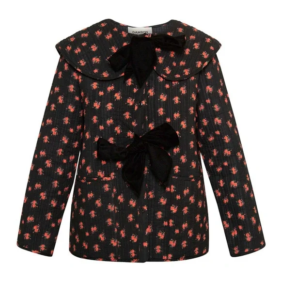 Damson Madder Elsie quilted rose print tie front jacket in black - Picture 3 of 10